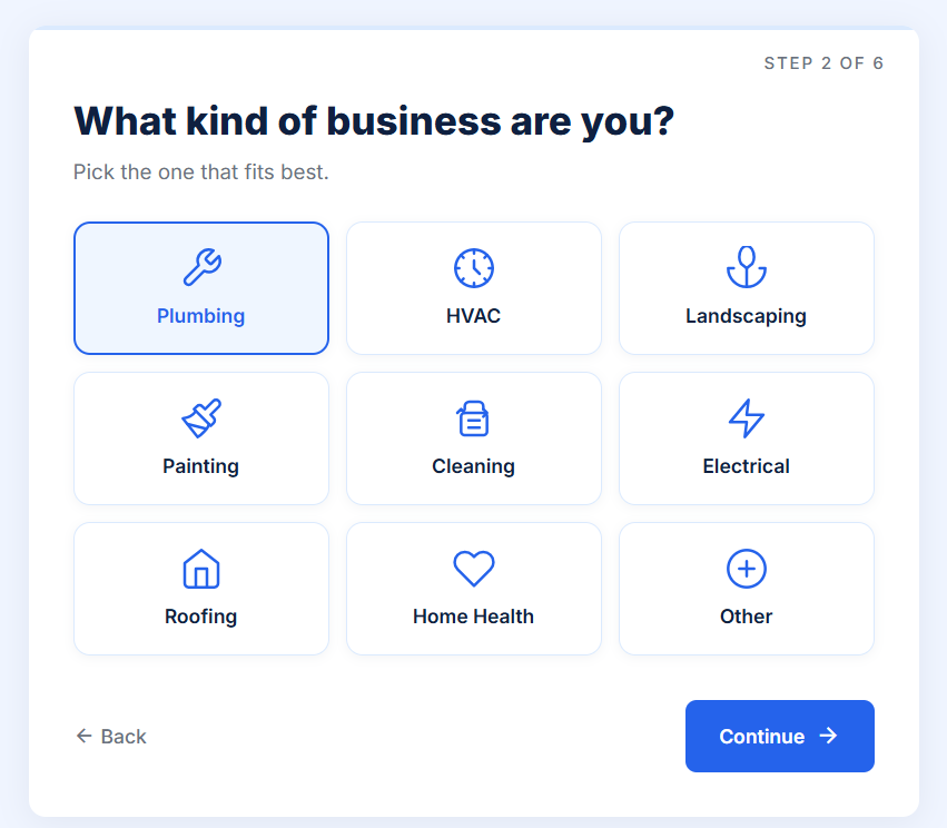 Business type selection step